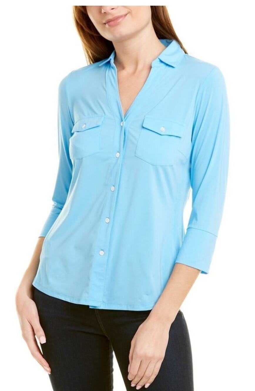 J McLAUGHLIN Brynn Lyford Jersey Shirt XS Button Front Top Aqua Blue 3/4 Sleeve